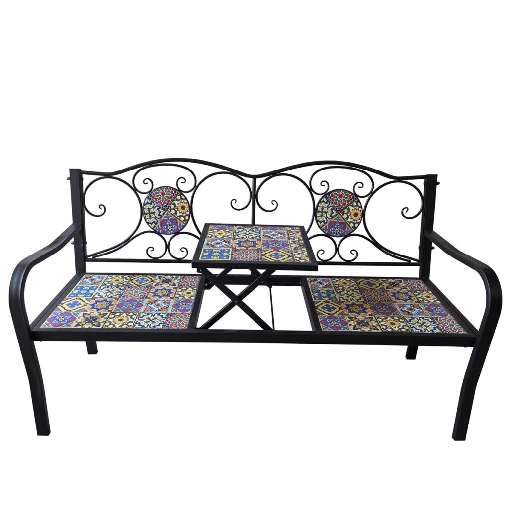 Marrakesh Mosaic Metal Garden Bench With Rising Table 5029936998071 2
